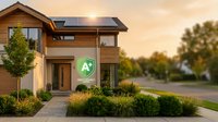 Modern eco-friendly house with solar panels and energy efficiency rating badge at sunset showcasing sustainable living and green technology solutions.