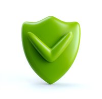 Bright green shield with checkmark symbol on white background, glossy protective icon isolated for security and safety design projects.