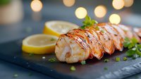 Grilled lobster tail with butter sauce and fresh lemon slices served on black slate plate. Garnished with herbs against blurred bokeh lights background.