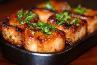 Grilled salmon fillets glazed with sweet and savory Asian-style sauce, garnished with fresh chopped herbs, served in black ceramic dish. Perfect for menu design.