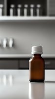Brown glass medicine bottle with white cap on reflective surface against blurred pharmacy background, minimalist medical still life composition.