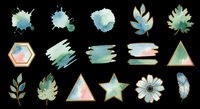 Watercolor paint splashes and botanical elements in soft blue, green, and gold tones isolated on transparent background. Ready for clipart, sublimation, t-shirt design, stickers, and print-on-demand projects.