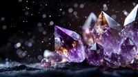 Stunning amethyst crystal cluster with purple and golden hues on dark background with magical bokeh lights for spiritual healing and meditation designs.
