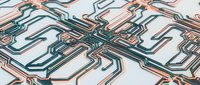 Circuit board pathways with copper and teal traces creating interconnected electronic network patterns on white background for technology and engineering concepts.
