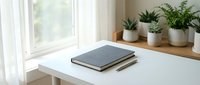 Clean minimalist workspace with closed notebook on white desk near window with green plants creating peaceful home office environment for productivity and focus.