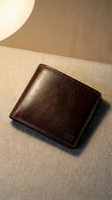 Brown leather bifold wallet with stitched edges displayed on beige fabric surface under warm lighting, suitable for fashion, accessories, and e-commerce product photography.