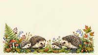 Young hedgehogs exploring among wildflowers and ferns on cream background, isolated design element suitable for children's illustrations, nursery decor, and educational materials.