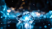 Glowing crystal on dark reflective surface with water drops and blue illumination creates magical atmosphere. Macro photography with bokeh effect.