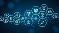Medical healthcare technology concept with hexagonal icons showing DNA, stethoscope, heartbeat and medical symbols on blue background.