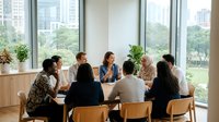 Diverse business team having productive meeting in modern office conference room with city skyline view through large windows.