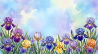 Watercolor iris flowers in vibrant purple, yellow, and orange tones with soft pastel sky background, suitable for spring designs and botanical artwork.
