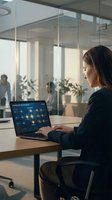 Professional businesswoman working on laptop with network visualization in modern glass office environment for corporate technology presentations.