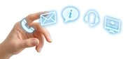 Hand reaching for floating customer service icons including email, phone, headset and support symbols on white background for business communication.