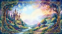 Watercolor fairy tale landscape with a magical castle, enchanted forest, winding river, crescent moon, and ornate golden frame border.