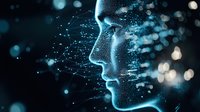 Glowing blue digital profile made of particles and dots dissolving into dark background, representing artificial intelligence and machine learning technology.