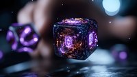 Futuristic glowing cube with purple neon lights and digital circuits floating in dark space with bokeh effects for technology and sci-fi concepts.