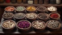 Variety of dried herbs, spices and flower petals in rustic wooden bowls arranged in rows on dark wooden surface, top view composition for cooking and wellness.