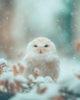 White snowy owl with bright blue eyes sitting in winter snow with falling snowflakes and blurred forest background creating magical winter wildlife scene.