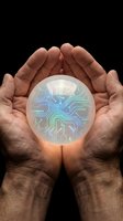 Hands of adult male with medium skin tone holding translucent sphere displaying glowing circuit board pattern, isolated on black background for technology, innovation, artificial intelligence concepts.