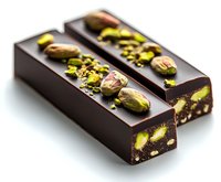 Dark chocolate bars with pistachios and dried fruit on white background, macro shot showing texture and layers. Gourmet confectionery closeup.