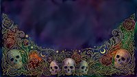 Ornate golden skulls and roses with decorative flourishes on dark moody background, suitable for gothic, Halloween, and alternative design projects.