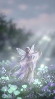 Ethereal fairy with translucent wings dancing in enchanted forest meadow surrounded by glowing magical sparkles and purple wildflowers at twilight.