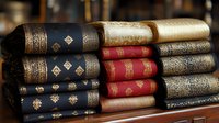 Stack of vintage ornate books with decorative gold embossed covers and spines in navy blue and burgundy red colors arranged on wooden shelf, creating nostalgic library atmosphere.