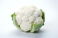 Fresh whole cauliflower with green leaves isolated on white background, perfect for healthy eating, cooking, and nutrition content, showing natural texture and detail.
