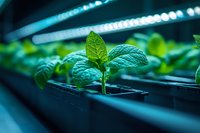 Young green plant seedling growing under LED grow lights in modern hydroponic farming system for sustainable agriculture and indoor cultivation.