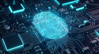 Digital fingerprint hologram on futuristic circuit board with glowing cyan lines for cybersecurity and biometric authentication technology concepts.