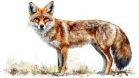 Red fox standing in winter snow, watercolor style artwork showing detailed fur texture and natural pose, wildlife illustration on white background.