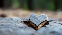 Heart-shaped stone on weathered wooden surface with natural outdoor background. Romantic symbol of love and affection in rustic setting.