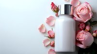 Elegant white cosmetic bottle surrounded by soft pink roses and scattered petals on clean background for beauty and skincare product presentation.