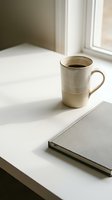 Ceramic mug filled with black coffee and closed notebook on white desk by bright window, minimalist workspace setup for productivity and creative work.