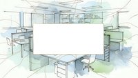 Modern office interior sketch with blank white board for presentations, watercolor style architectural drawing of workspace with desks, chairs and meeting area.