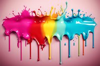 Vibrant rainbow paint drips and splashes on pink background create dynamic motion effect with bright magenta, red, yellow and turquoise colors flowing downward.