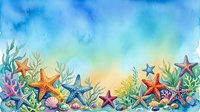Watercolor underwater ocean scene with colorful starfish, coral reef, seaweed and marine life border on white background for summer beach designs.