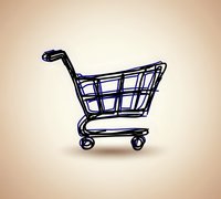 Hand drawn shopping cart sketch on light background, isolated design element for retail and commerce concepts. Simple line art style with blue tones.