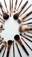 Professional makeup brushes with rose gold handles arranged in circular pattern on white background for beauty and cosmetics applications.