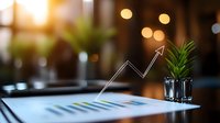 Growing financial chart arrow over business report with plant symbolizing sustainable growth and success in market analysis and investment strategy.