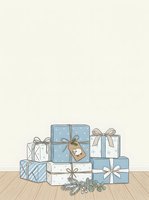 Stacked wrapped presents in blue and white with bows and gift tags, decorated with evergreen branches and berries on wooden floor against neutral background.