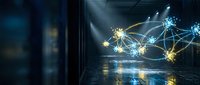 Digital network connections with glowing nodes and data pathways in modern tech environment for business presentations and connectivity concepts.