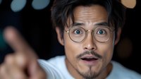 Young Asian man with glasses and mustache showing surprised expression with raised eyebrows and open mouth against dark background with bokeh lights.