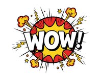 Comic book style WOW explosion with burst effects and lightning bolts on white background for pop art designs and retro graphics.