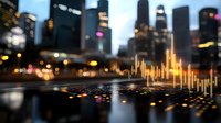 Financial data visualization with glowing golden charts rising against blurred urban cityscape background, reflecting modern market analysis and trading concept.