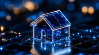 Glowing neon house icon on circuit board with blue bokeh lights background represents smart home technology and digital real estate innovation.