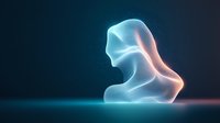 Ethereal glowing figure in meditation pose, featuring soft blue and coral gradient lighting effects against dark background, creating mystical atmosphere.
