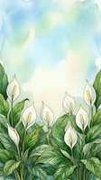 Watercolor peace lily flowers with green leaves on soft blue background for spring botanical design and nature artwork.