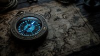 Antique compass with glowing blue needle on aged vintage map, navigation and exploration concept for travel, adventure, cartography, and discovery themes.