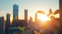 Young green plant growing on urban balcony with dramatic sunset and city skyline silhouette in background, symbolizing hope, growth and sustainable living in metropolis.